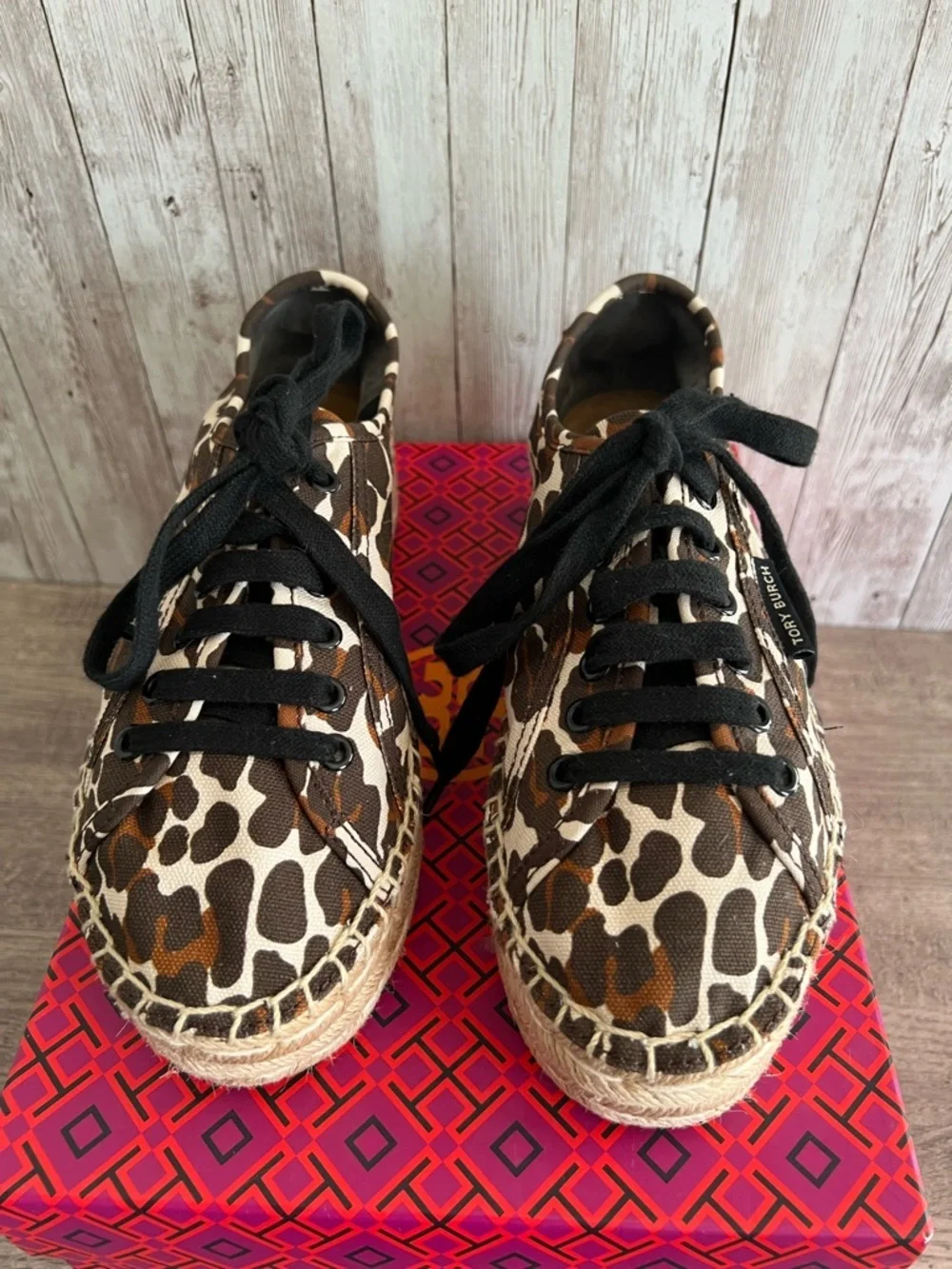 Tory Burch Seaside Oxford Reva Leopard-Print Espadrille Platform Sneakers Size 7